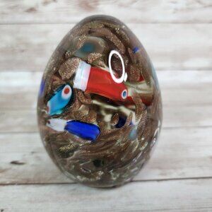 Glass Egg Paperweight 3.75" Tall Clear with Metallic Blue, Red Swirl Fish Design